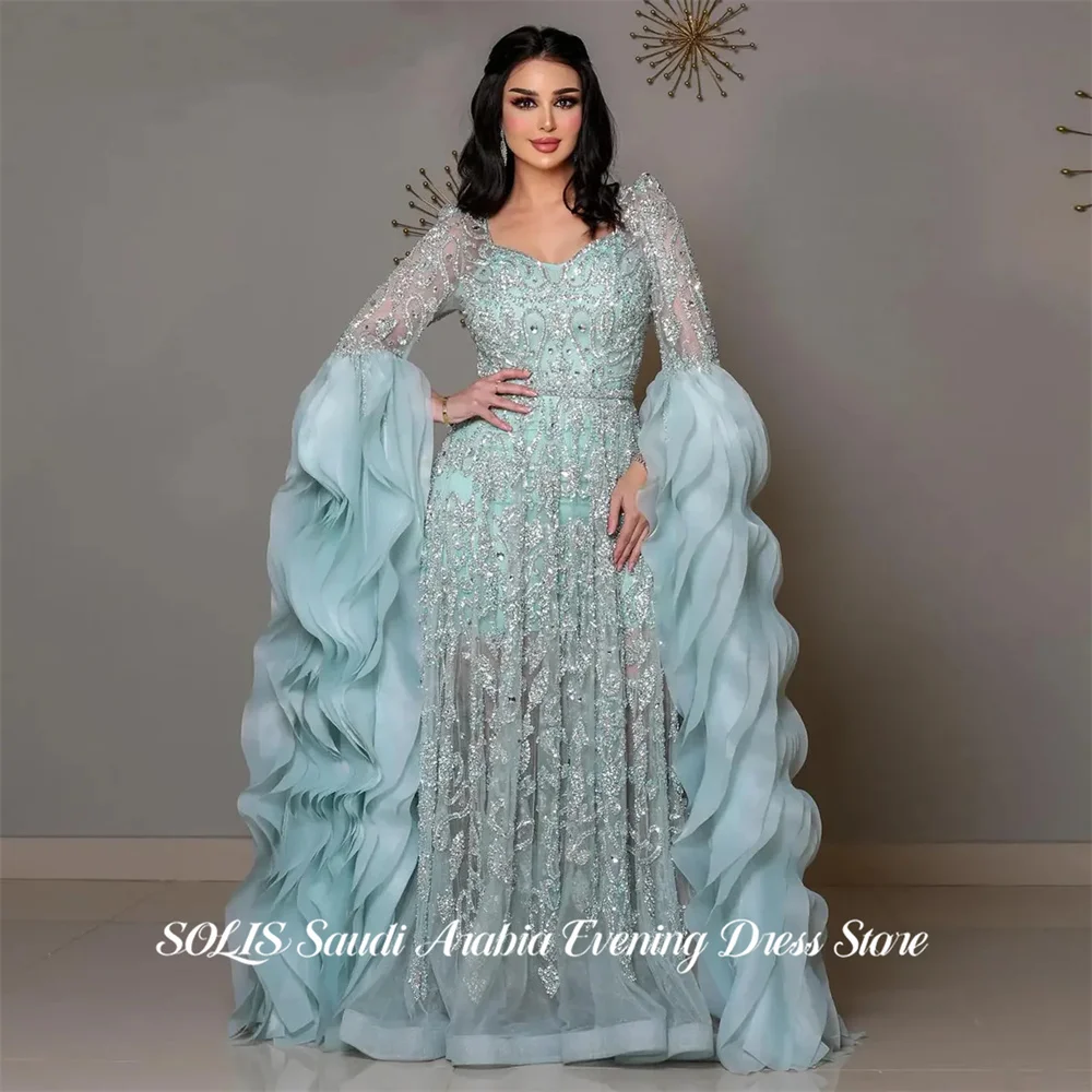 

Светло-голубое вечернее платье SOLIS с открытыми плечами, нарядное платье с длинными рукавами, блестящие пайетки, платья для выпускного вечера, на заказ