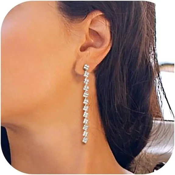 

Sparkling Rhinestone Drop Earrings for Women, Long Tassel Dangle, Hypoallergenic Silver Tone, Wedding