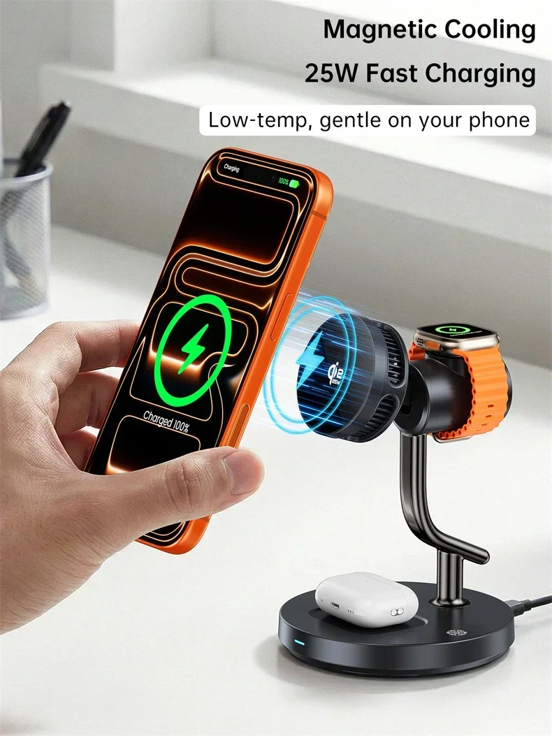 Qi2 25W TEC Kühlventilator Nachtlicht Magnetische Kabellose Ladestation für iPhone 17 Pro Max Samsung Apple Watch 2-8 SE Airpods Pro – Detail 6