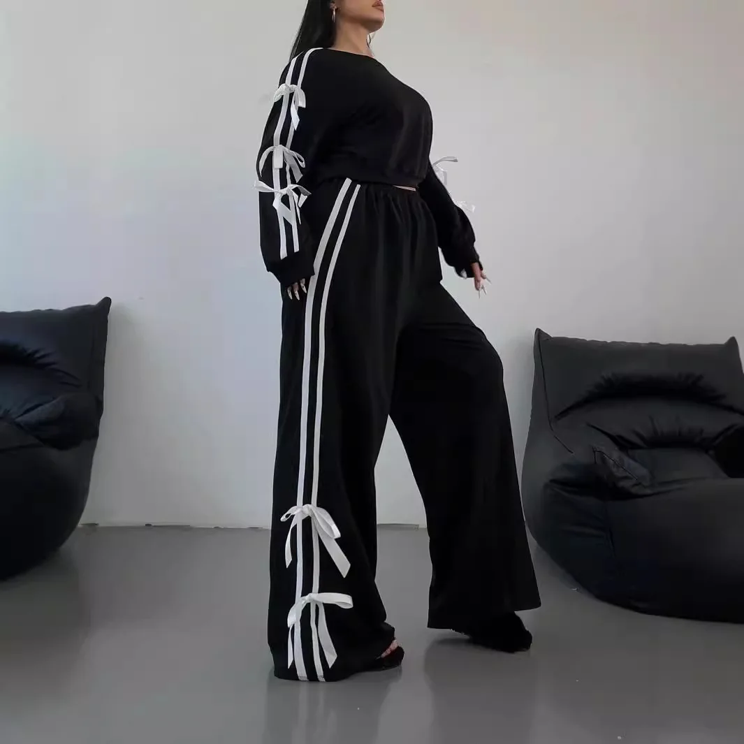 

Fashionable Long-sleeved O-neck Short Top Wide-leg Trousers Two-piece Set Women Autumn Striped Splicing Bow Design Loose Set Y2K