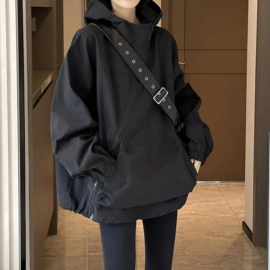 American Style Waterproof Jacket Women's Spring Autumn Casual Diagonal Zipper Design Hat Jacket Coat Polyester Fabric