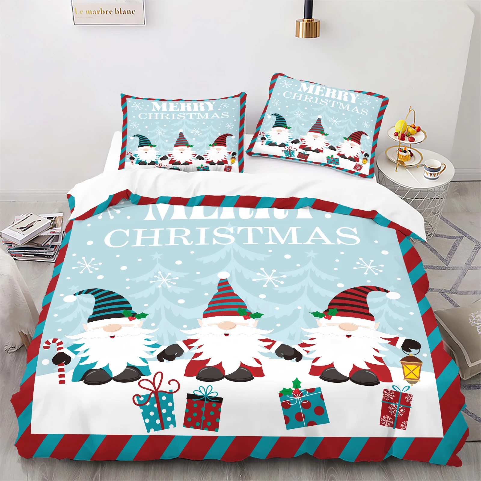 2/3Pcs Merry Christmas Gnome Duvet Cover Set, Striped Hat & Gift Print, Festive Holiday Bedding, No Duvet Insert