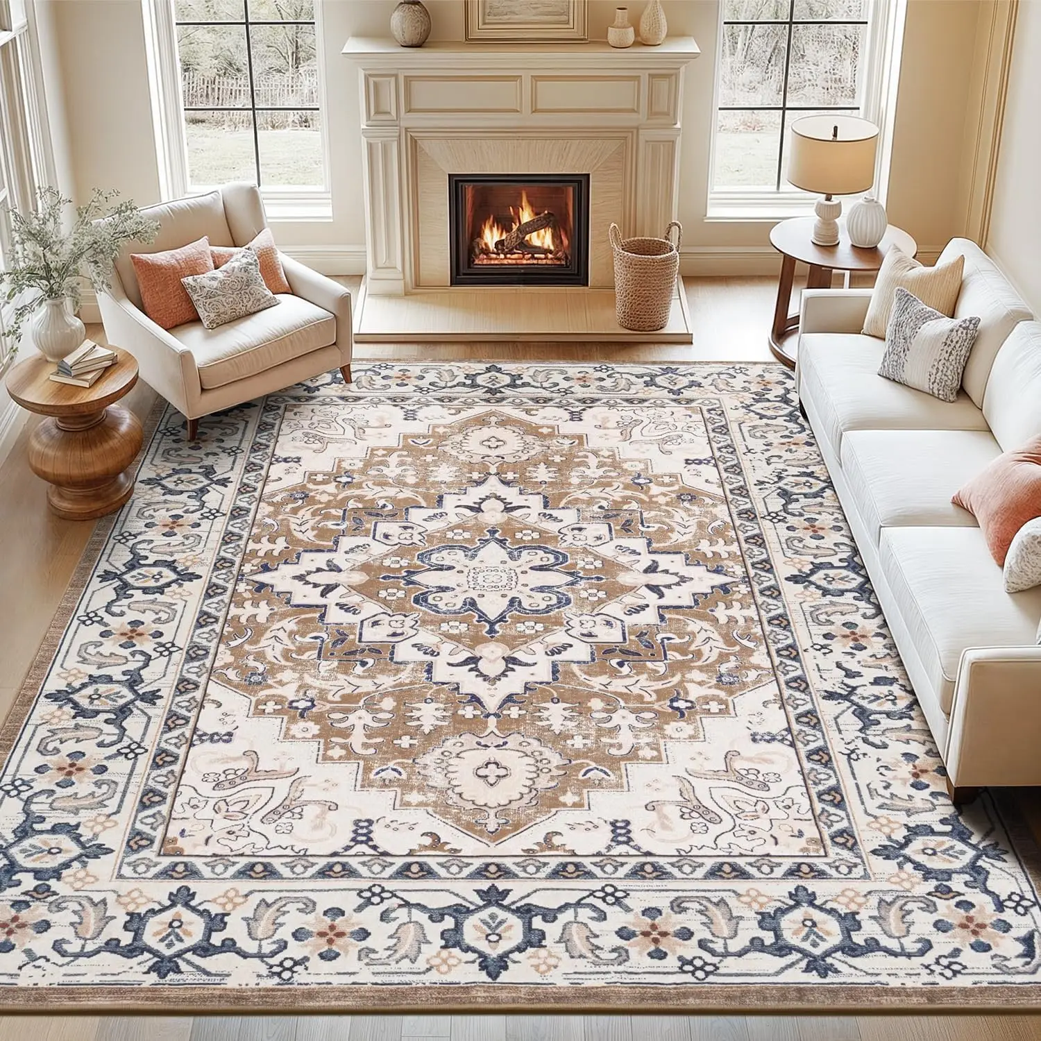 

Моющийся ковер 8x10 футов, винтажный ковер в стиле бохо для гостиной, спальни, кухни - мягкий, нескользящий, с низким ворсом