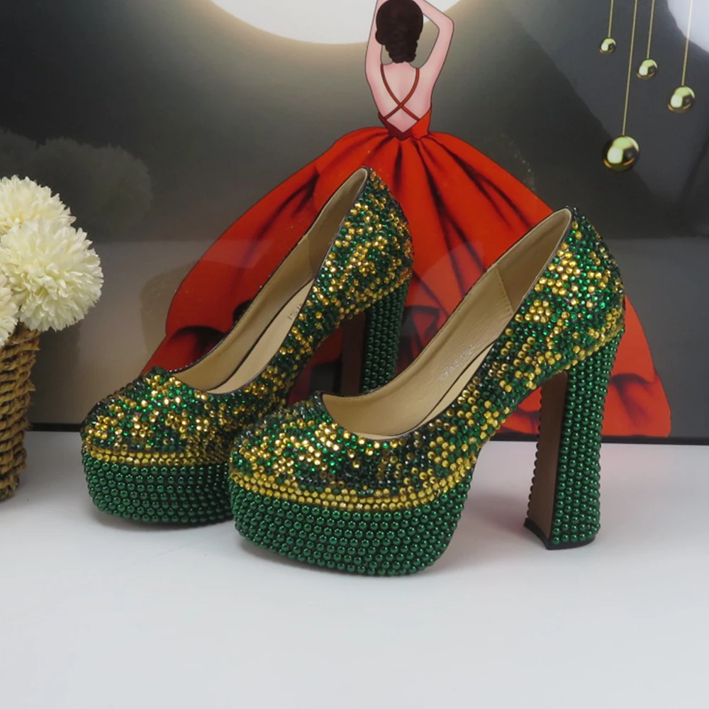 Women New arrival Green Pearl Crystal Girl\'s fashio Party shoes with matching bags Round toe High Pumps Platform shoes and Purse