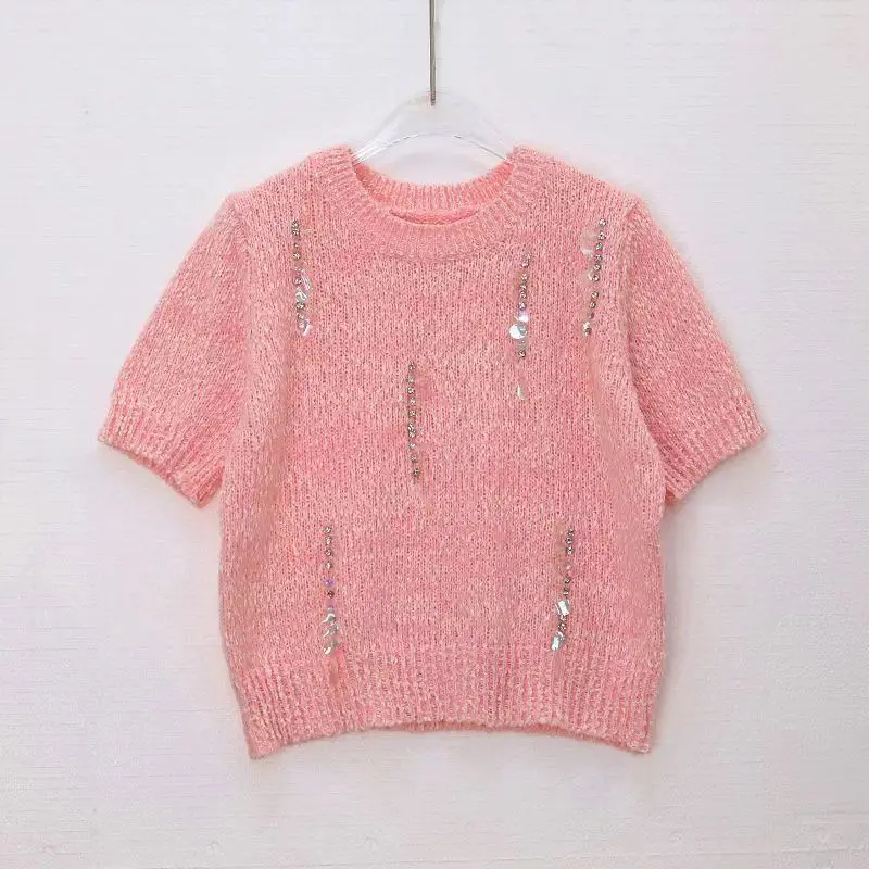 French Pink Knitted Shirt 2024 Summer Pullover Sweater New Design Round Neck Shoulder Short Sleeve Sequin Sweet Top for Women