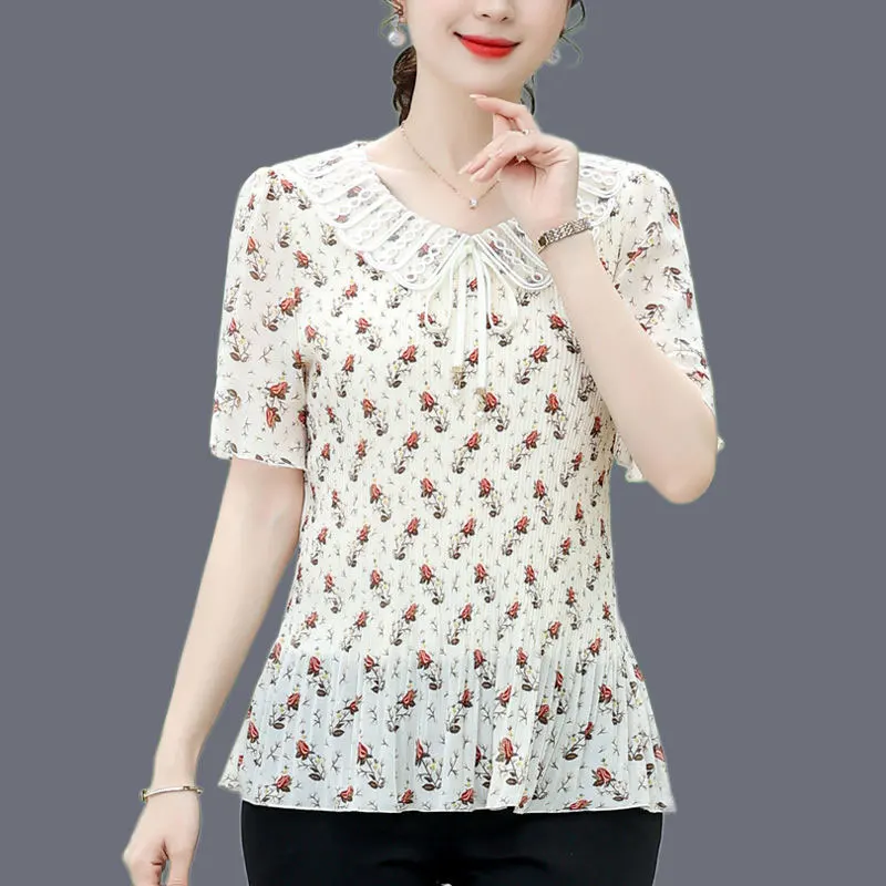 

Prairie Chic Broken Flowers Shirt Folds Stylish Drawstring Bow Women's Clothing Short Sleeve Summer Casual V-Neck Lace Blouse