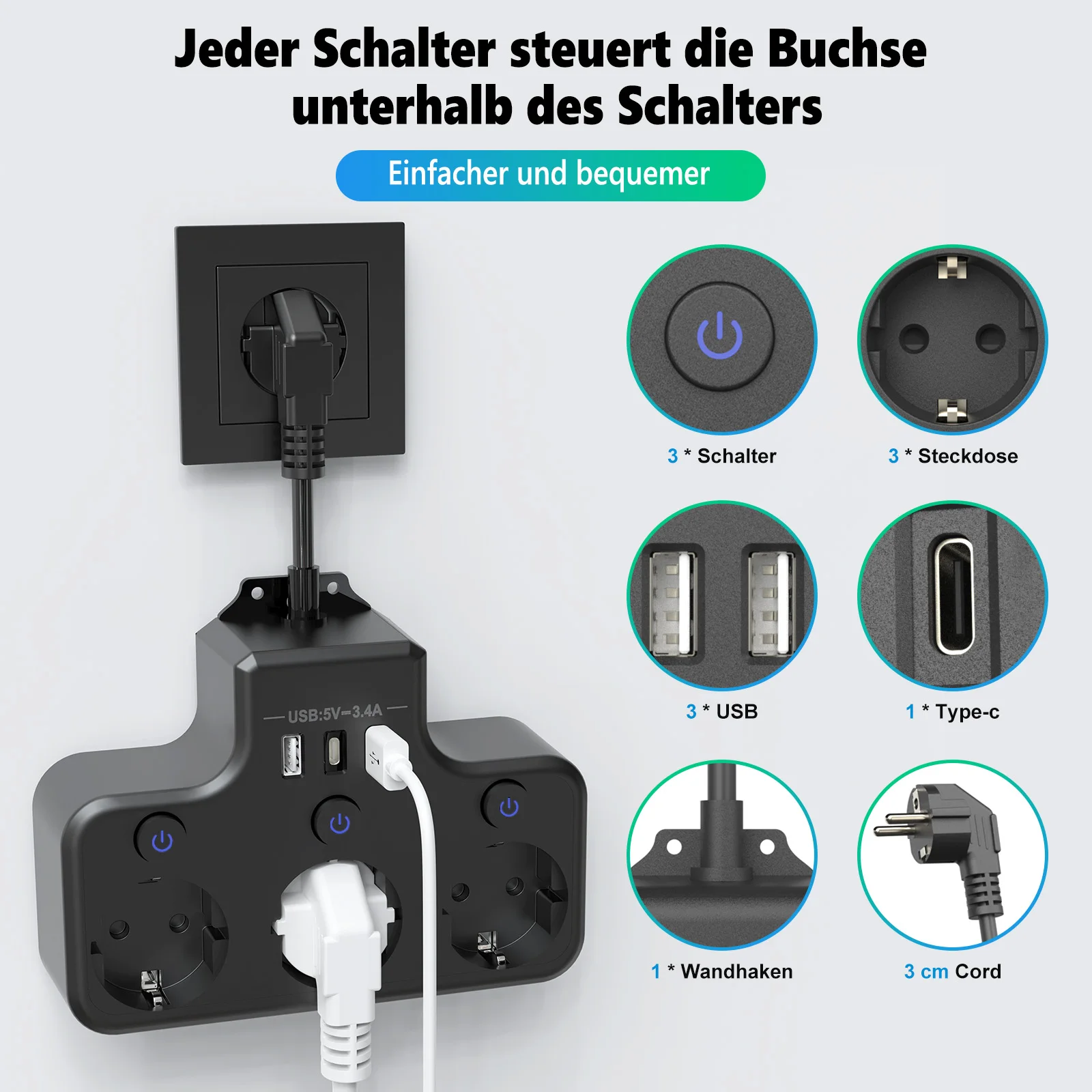 3840 W EU Multi-Plug Socket Adapter with 2 USB+1 Type-C Ports Individually Controlled Switched Power Plate Wall Outlet 250V 16A