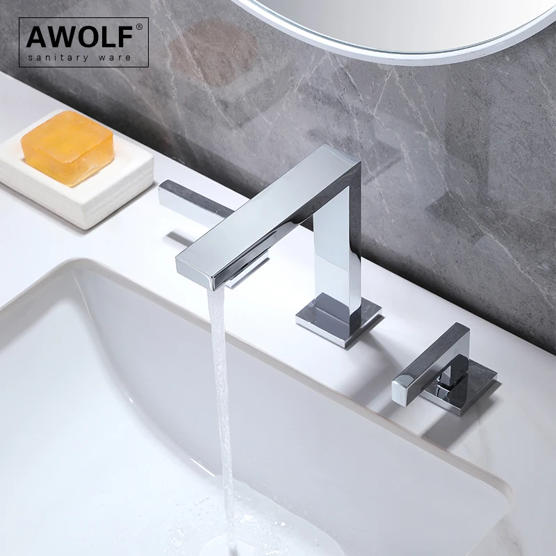 Awolf Chrome Bathroom Basin Sink Faucet Solid Brass Nickel Brushed Deck Mounted Dual Handle Three Hole Hot and Cold Mixer ML8132