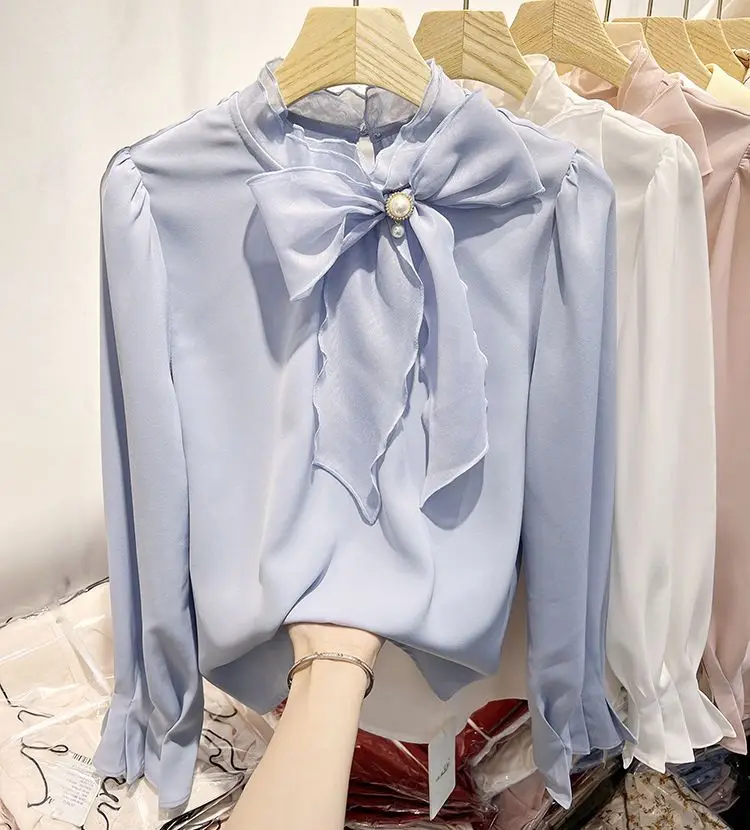 

Fashion bow stand collar chiffon shirt women's long-sleeved 2022 spring new loose bell-sleeved top small shirt