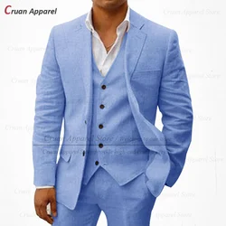 Blue Linen Men Suit Slim Fit Classic Beach Prom Wedding Tuxedos Tailor-made Business Jacket Vest Pants 3 Pieces 2023 Casual Set