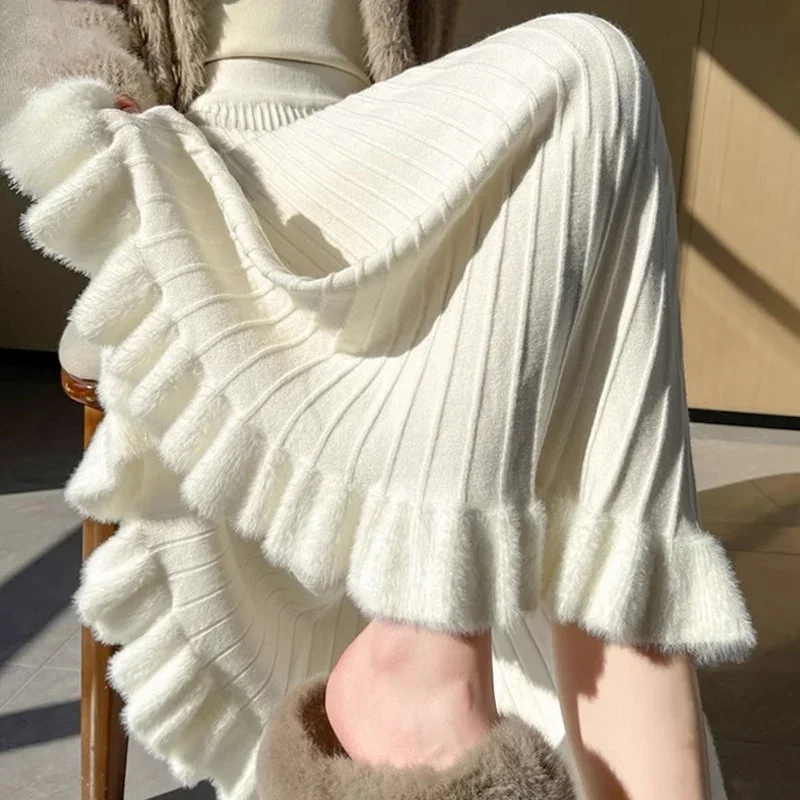 

2025 Faldas Mujer Knitted Women's Skirts High Waist A-line Ruffled Jupe Fashion Casual Korean Saia Solid Color Winter Long Skirt