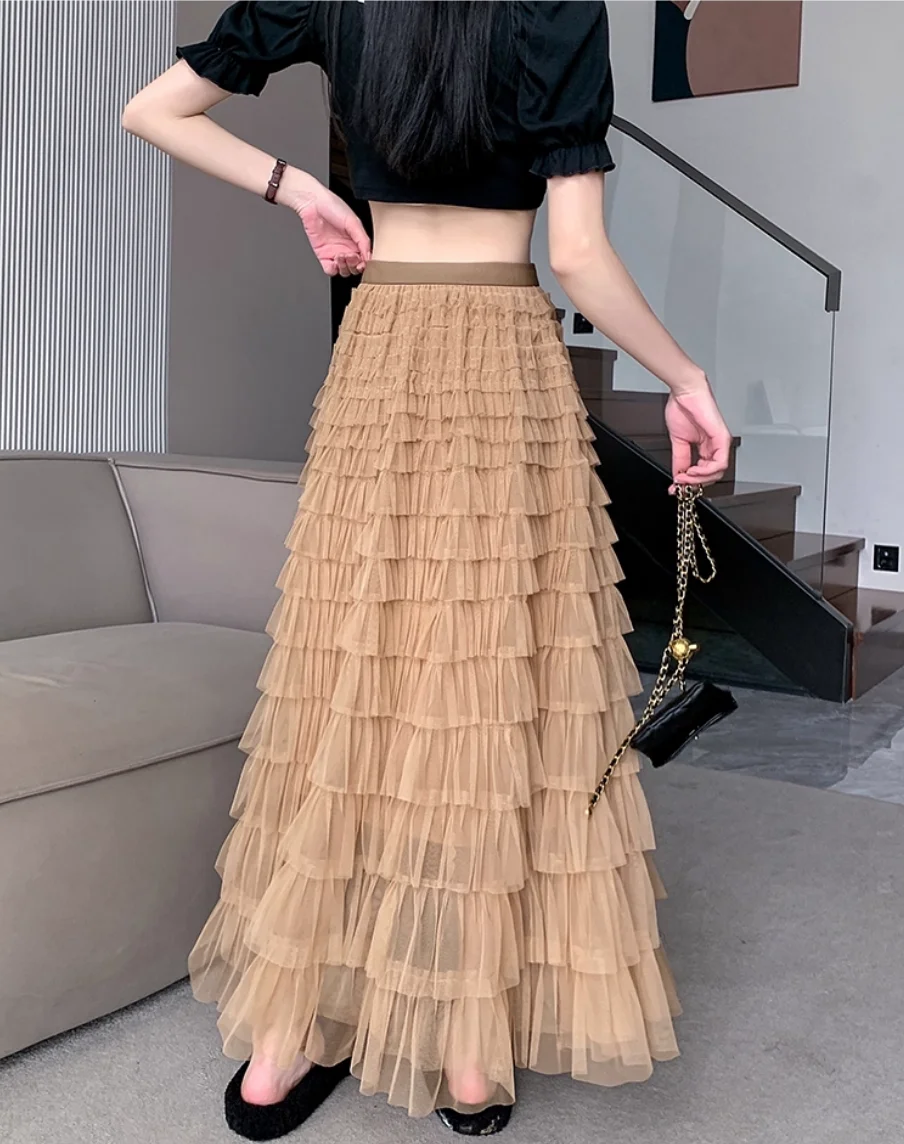 Midi-Rock in A-Linie, Kuchen-Design, Polyesterfaser, Netzstoff, geschichtet, geschwollen, halblang, Frühling, Sommer, Herbst, Winter, Röcke im neuen Stil