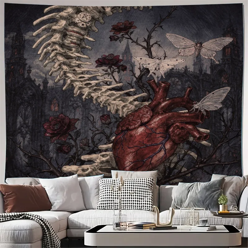 Dark Gothic Heart Tapestry Wall Hanging Academia Decor Mysterious Moths Anatomy Steampunk Bohemian Artwork Room Decoration