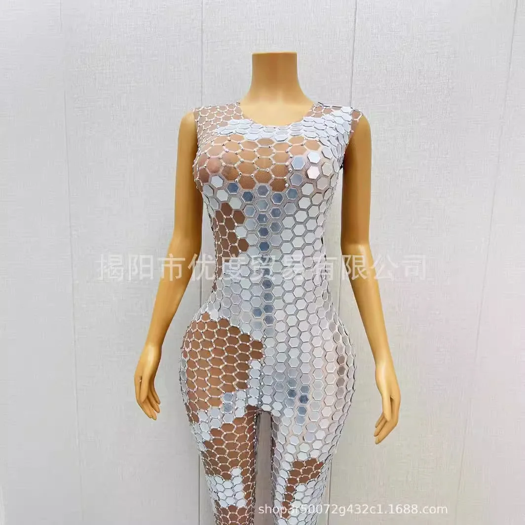 Irregular Perspective Mesh Slim Female Singer Night Reception Party Jumpsuit Performance Silver Pants Abito Luxury Elegante Gala