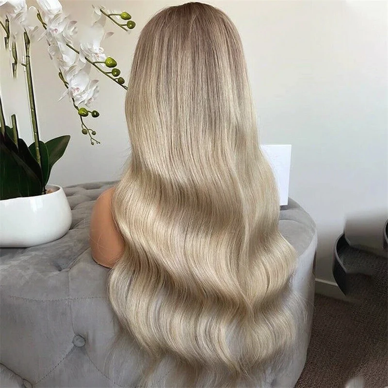 26 Inches Ombre Ash Blonde Body Wave Synthetic Lace Front Wig Realistic Hairline Wig For Women Alopecia Hairlos Natural Soft Wig