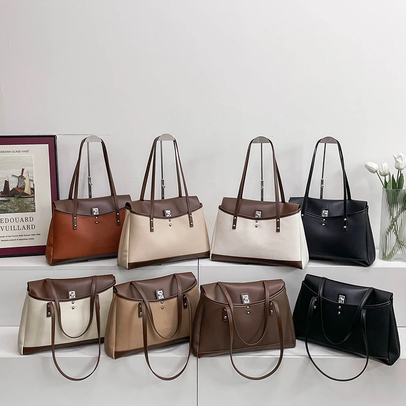 

Stylish Trendy Simple Tote Bag For Women Business Style Large Capacity Solid Color Minimalist Vintage Paris Inspired