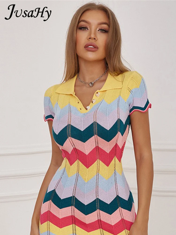 JusaHy Women Summer New Colorful Striped Knitting Jumpsuit Pullover Turn-Down Collar Short Sleeve Slim Preppy Style Clothing