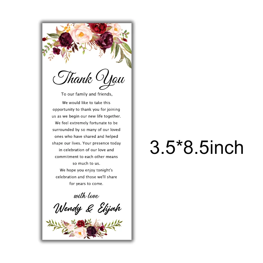 

Personalized Floral Wedding Thank You Cards, Custom Wedding Table Thank You Cards, Burgundy, Marsala, Blush