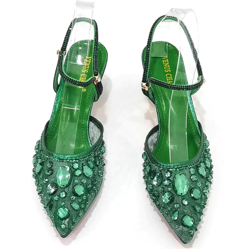 Venus Chan Pointed Toe Heels for Women Party Green Color Full Diamond Lace Matching Design Italian Shoe and Bag Set Designer