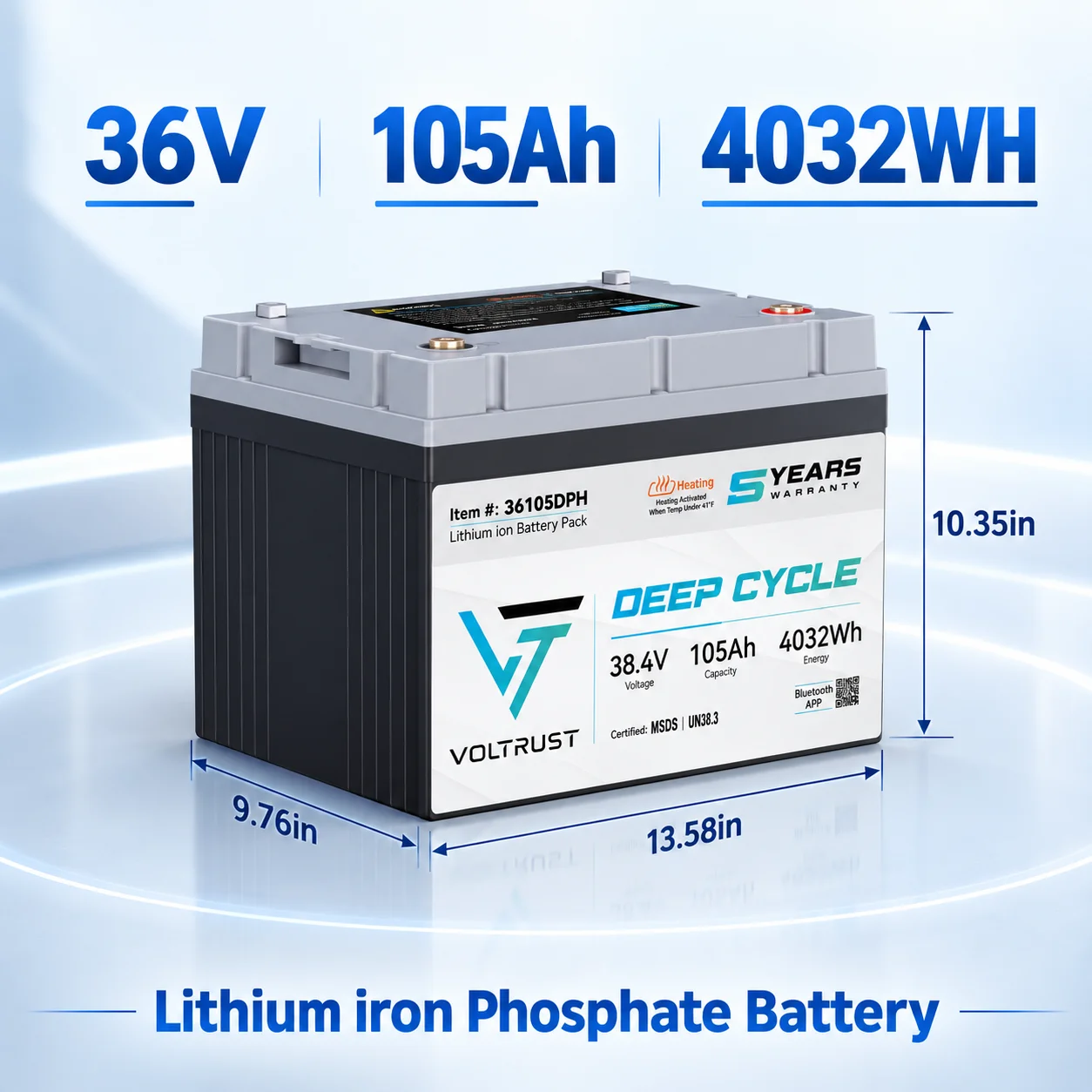 36V 105Ah lithium iron phosphate battery with built-in Bluetooth+BMS for off grid appliances, RVs, ships, energy storage power sources, solar cell 4032WH high power