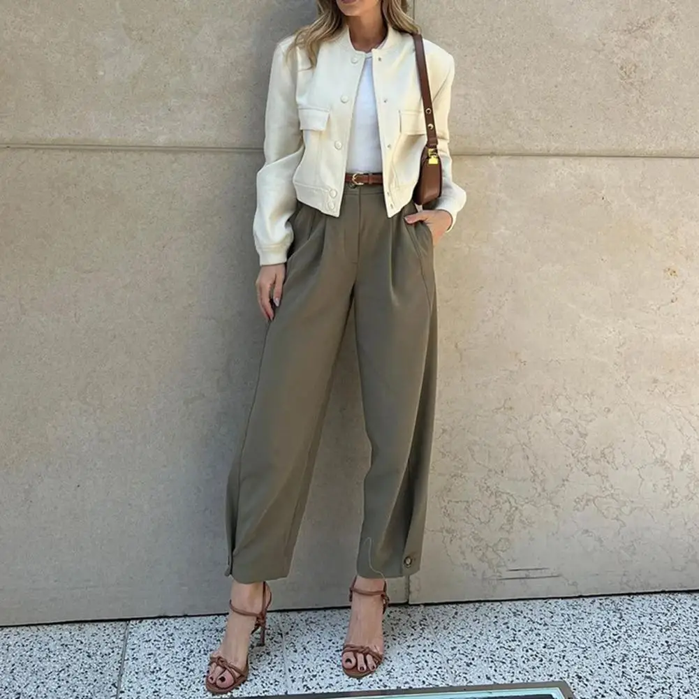 Women Suit Pants Temperament High Waist Cargo Pants Zipper Fly Loose-Fit Trousers Pockets Casual Commuting Nine-point Suit Pants