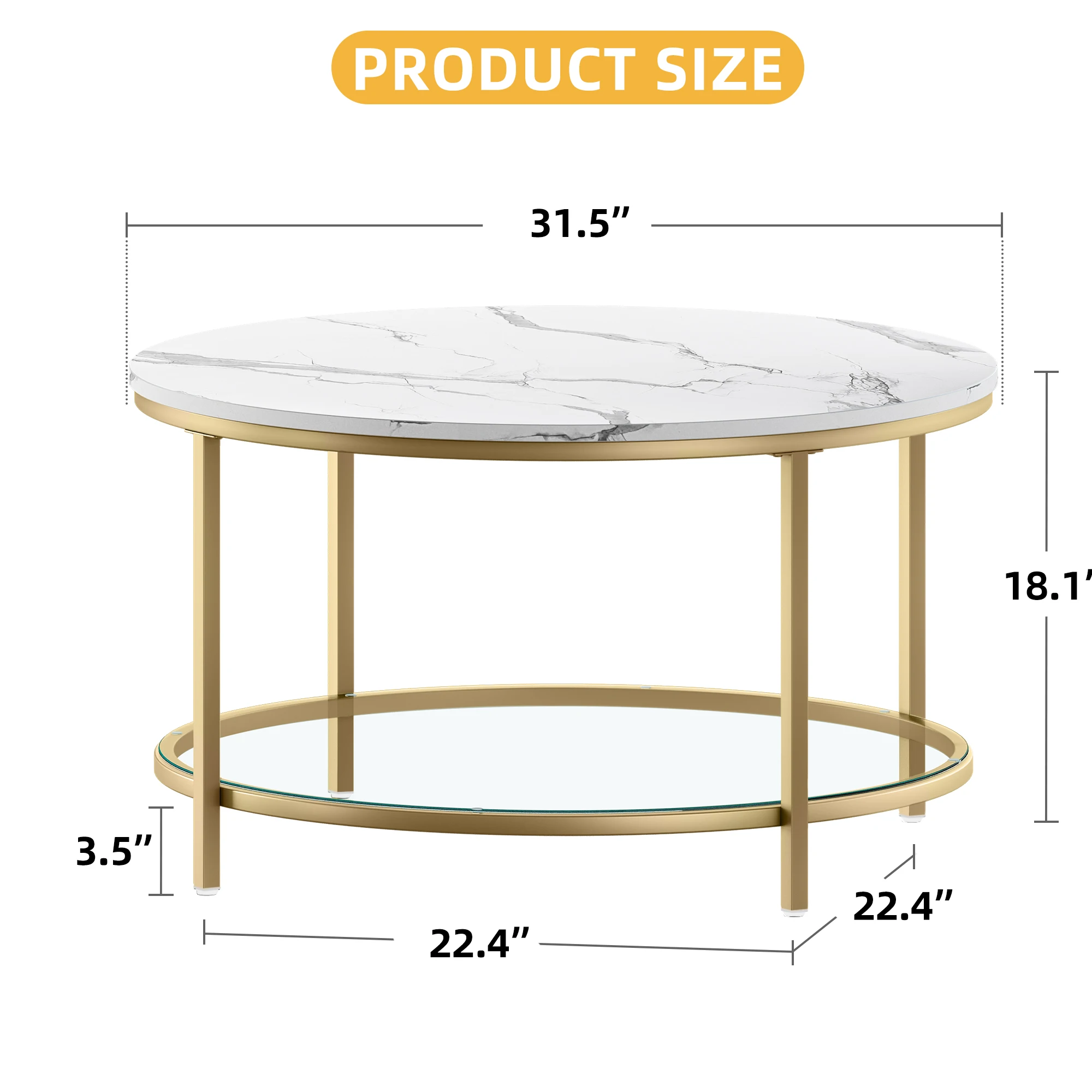 2 Tier Round Coffee Table Faux Marble Top With Glass Shelf Modern Center Cocktail Table For Living Room