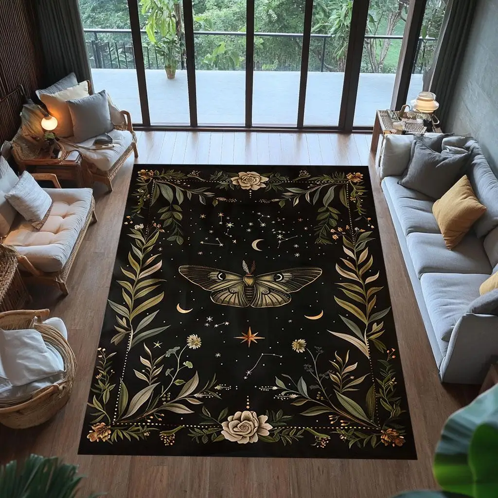 Gothic Golden Death Moth Skull Floral graphics carpet game room bedroom bedside rug entry hallway Washable Rug Gift