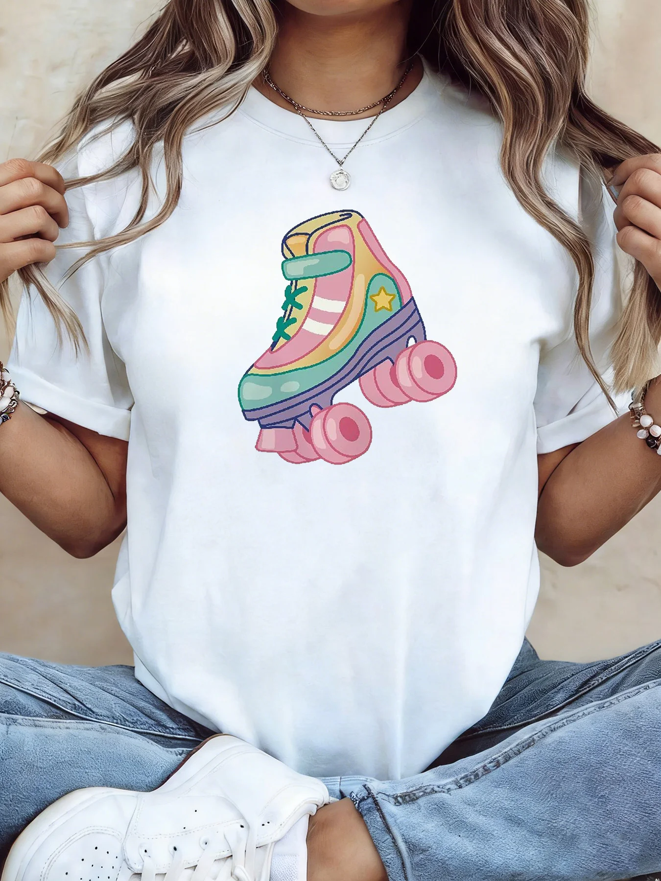 Women'S T-Shirt Featuring A Graphic Print of Retro Roller Skates Designed for Wear in Spring with Short Sleeves and A Crew Neck