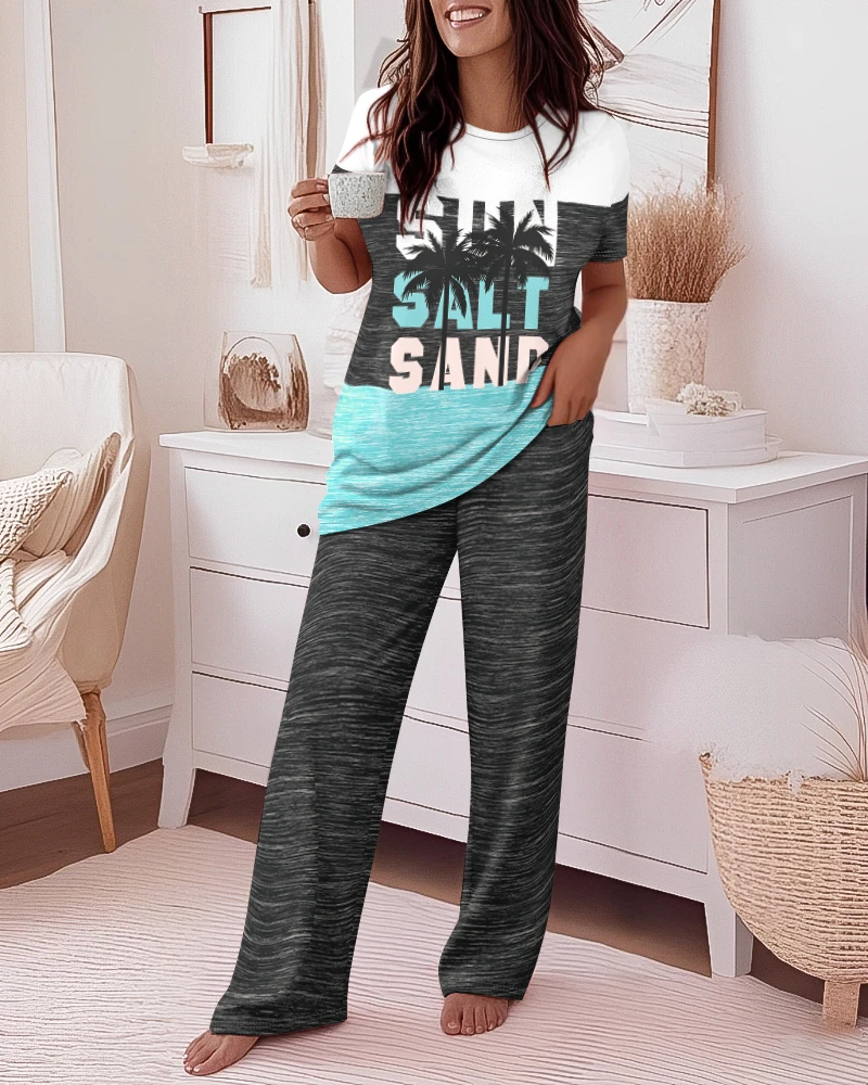 

Women's Fashion 2 Pieces Outfit Heart Palmtree Print Short Sleeve Top and Casual Long Sets Loungewear Pajamas Set