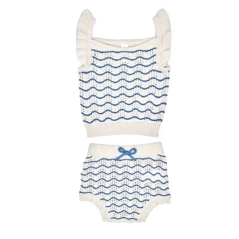 

2025SS New Silk Hollow Ripple Strap Set for Girls' Summer Cute Knitted Lace Tank Top Shorts