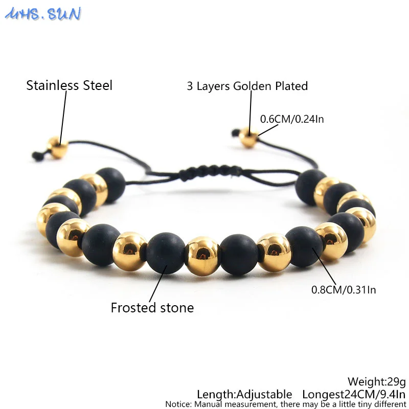 MHS.SUN Handmade Stainless Steel 6MM Gold Black Color Beads Bracelet Natural Tiger Eye Stone Adjustable Men Daily Jewelry