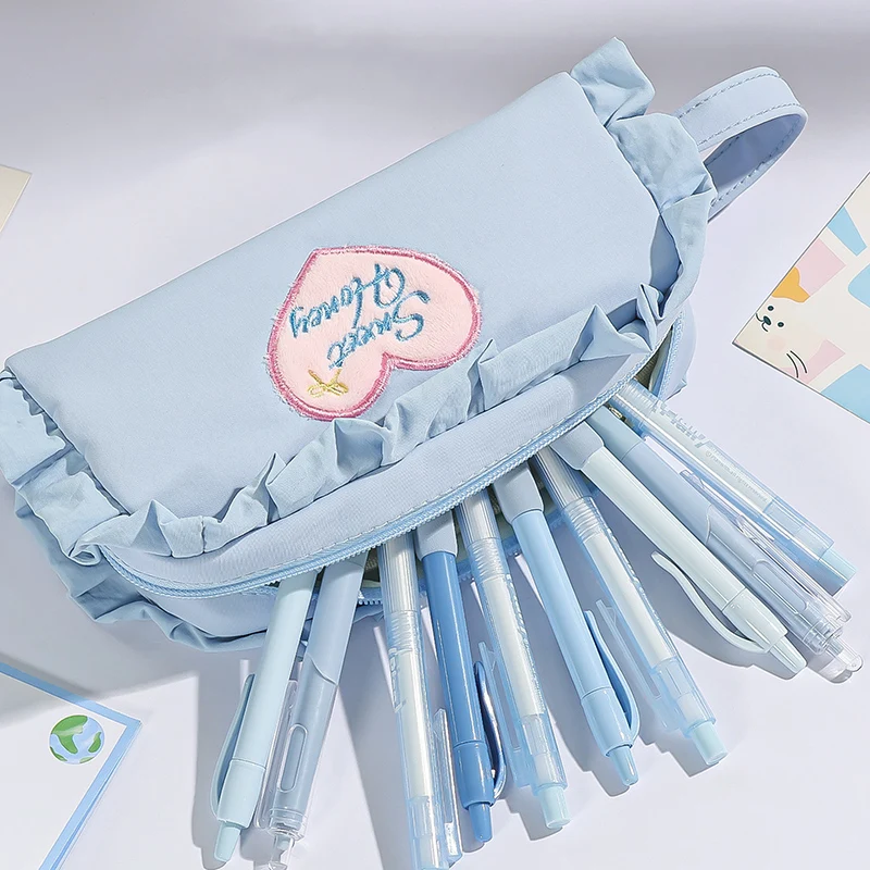 Pastel Cute Embroidered Heart Pencil Pouch Ruffle Edge Portable Handheld Pen Case Large Storage for Kids Art Class