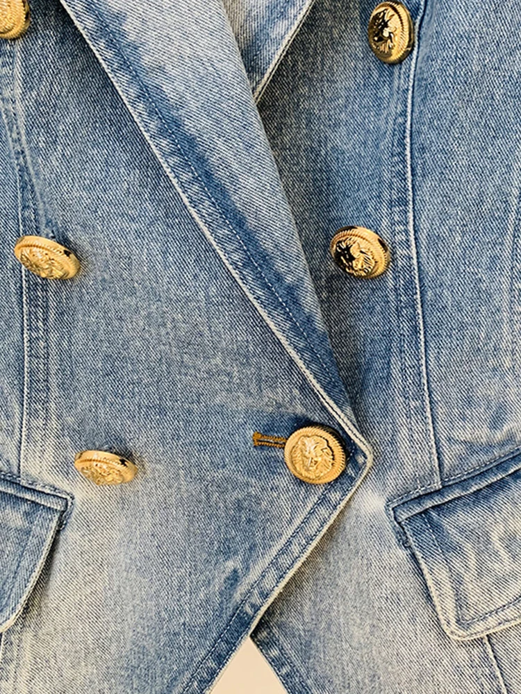 Veste en jean slim à double boutonnage pour femme, blazer de haute qualité, tenues imbibées de boutons de discussion, manteau de créateur, nouveau, 2024