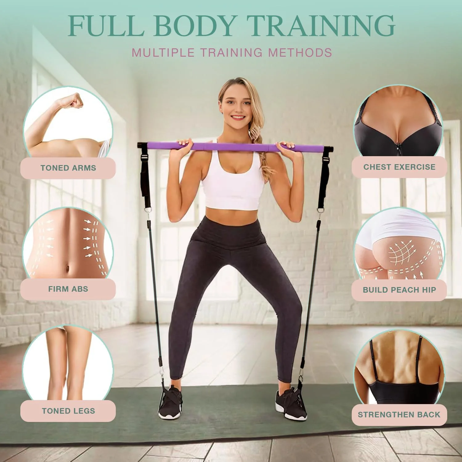 Kit Bar Pilates dengan tali resistensi, tongkat Pilates 3 bagian dengan pita Tumpuk, peralatan olahraga untuk kaki, pinggul, pinggang dan lengan, Ex