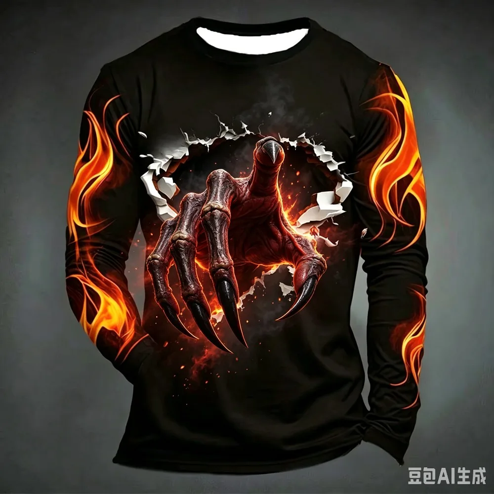 Halloween Terrifying Claws Breaking Through The Wall Flames. 3D Print Men's Long-sleeved T-shirt Casual Street Party Hip-hop Top