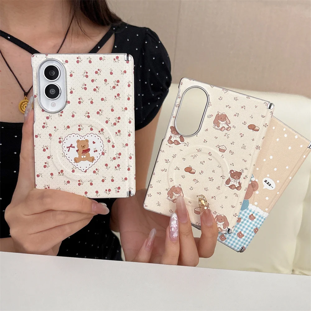 Kawaii Bear Rabbit Floral Magnetic Case For Samsung Galaxy Z Fold8 Ultra Fold7 6 5 4 Shockproof Protective Shell for Magsafe
