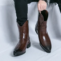 2026 Luxury Retro Brand Men's Side Zipper Comfortable Casual Mid Top Boots Classic Pointed Men's Buckle Business Chelsea Boots