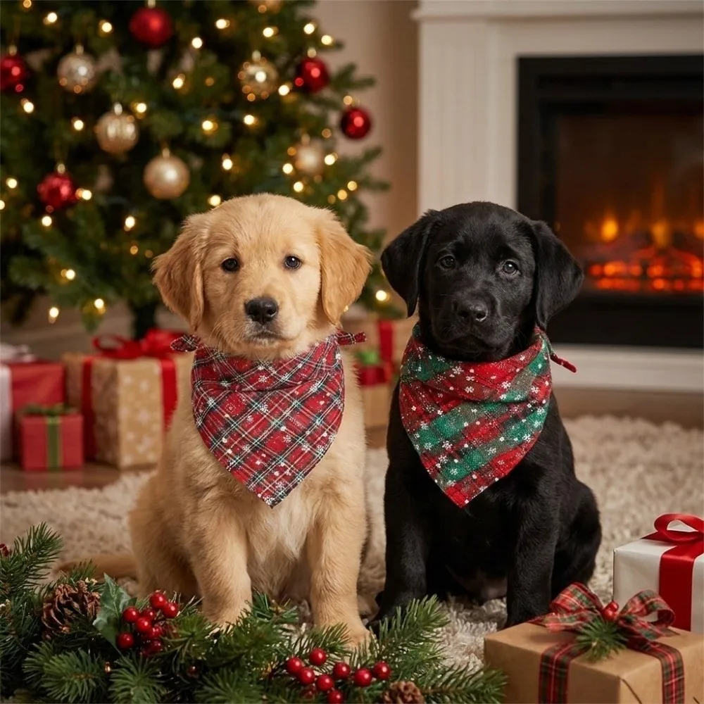 Fashion Polyester Cotton Christmas Pet Triangle Scarf Snow Print Soft Dog Bandanas Plaid Dog Saliva Towel Birthday Party