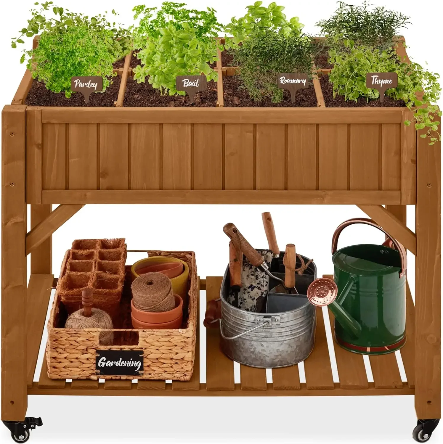 

8 Pocket Herb Garden Bed,Mobile Raised Customizable Wood Planter for Herbs,w/Lockable Wheels, Storage Shelf,Drainage Holes