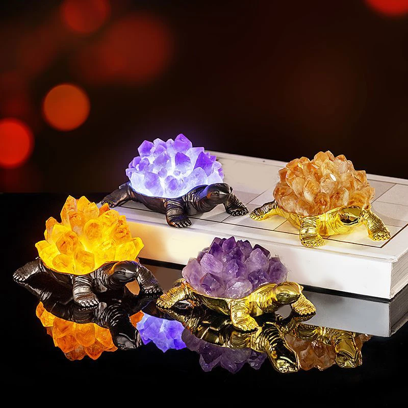 

Crystal Tortoise Lucky Ornaments Animal Figurines Lamp Amethyst Citrine Cluster Desk Ornaments Office Home Decoration Gift