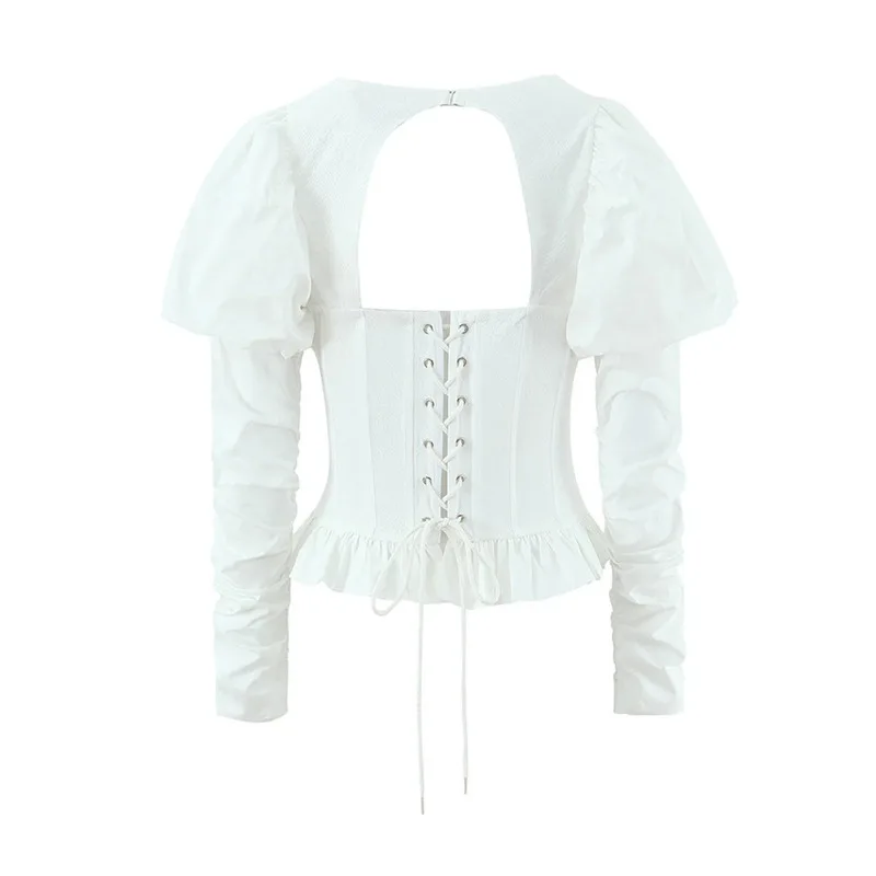 HKSH Women Trend Shirt Sexy Backless Pleated Square Collar Long Sleeves Waist Cinching Slim Fit High-end Tops New Spring HK20874