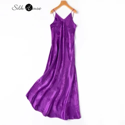 2024 Women's Summer New Extended Slant Cut Heavyweight 50%Natural Mulberry Silk HuaLuo GuanLe Satin V-neck Sling Purple Dress