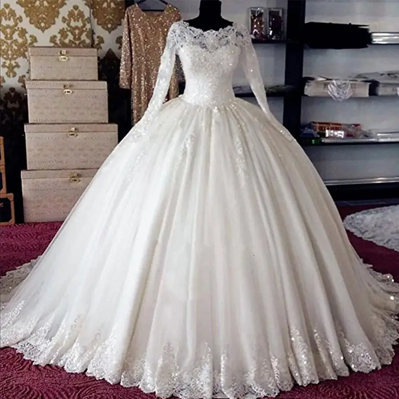 Luxus Prinzessin Flauschigen Langarm Tüll Spitze Perlen Pailletten Hochzeit Kleider mariage Neue Hochzeit Kleider Nach Maß