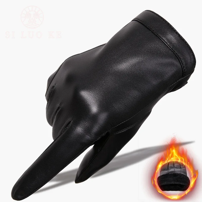 Autumn Winter Touch Screen Velvet Warmth Cycling Driving Goatskin Leather Gloves for Men Windproof Motorcycle Mittens