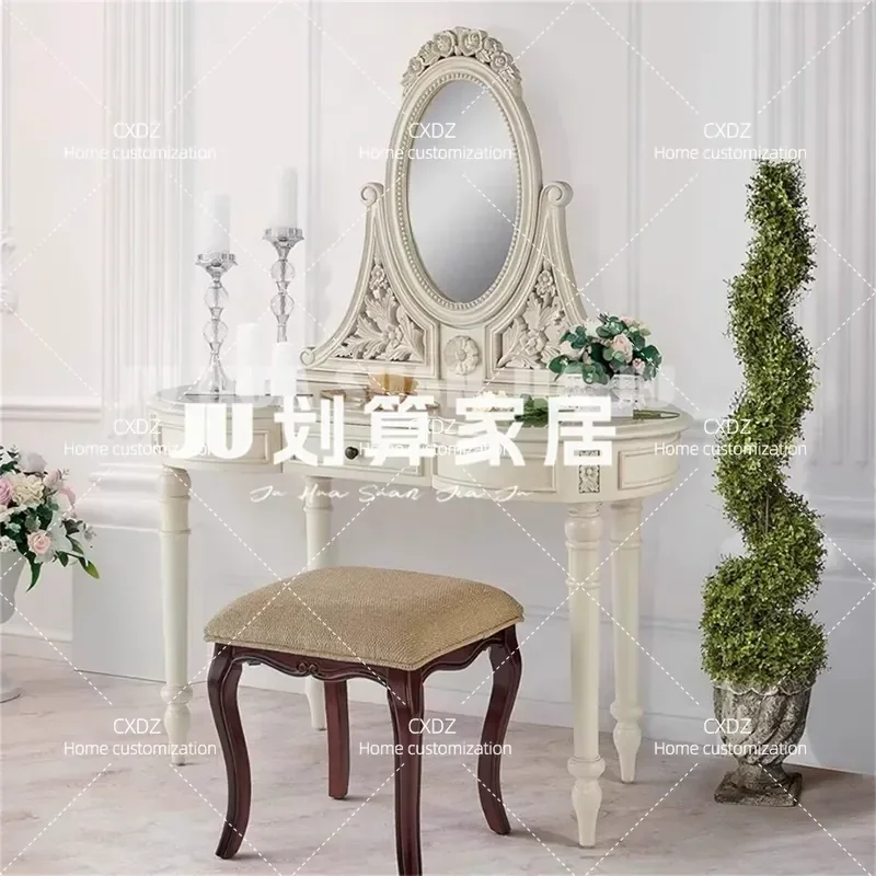 Solid Wood Carved Flower Dressing Table Modern Cream Style Simple Makeup Desk for Small Apartment Bedroom Furniture