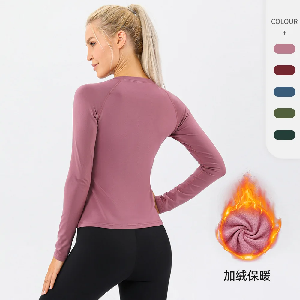 

Long Sleeve Sports T-shirt with Fleece Stretch for Ladies Running Training Jacket Warm Fitness Wear, Slimming, Autumn and Winter