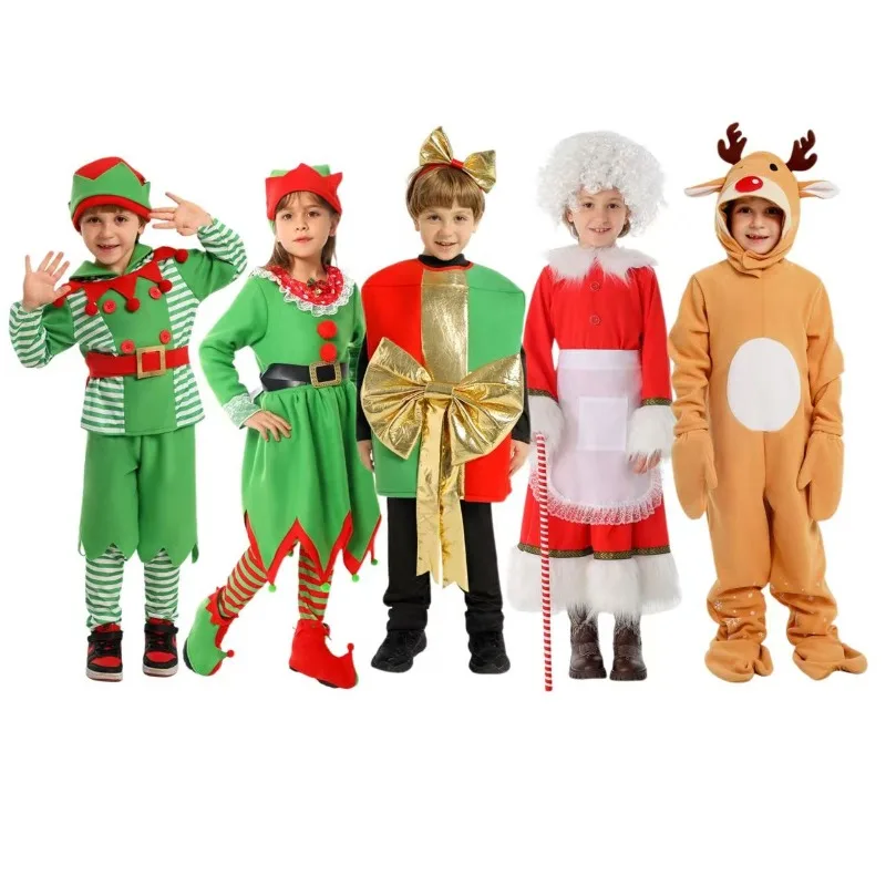 

Christmas Costumes for Kids Santa Elf Reindeer Costumes Party Dress Up Mrs Claus Festive Celebration Gift Box Role Play Outfit