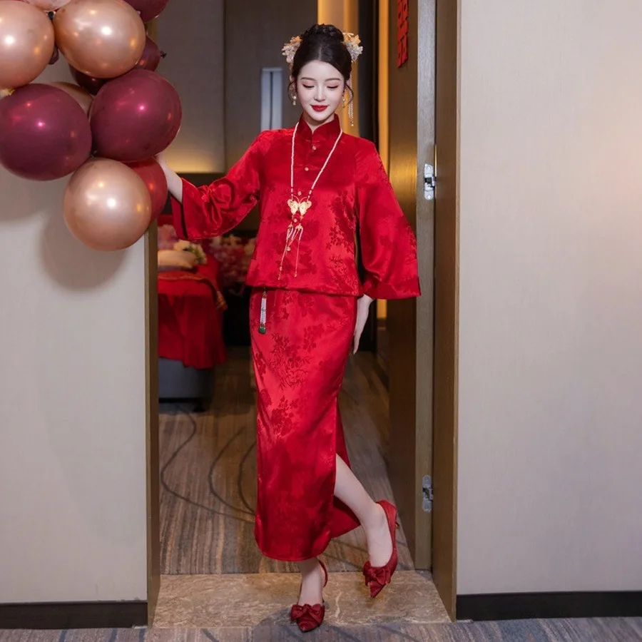 

New Chinese Toast Dress Wedding Female Back-to-Door Cheongsam Two-Piece Suit Wine Red Engagement Dress High-End