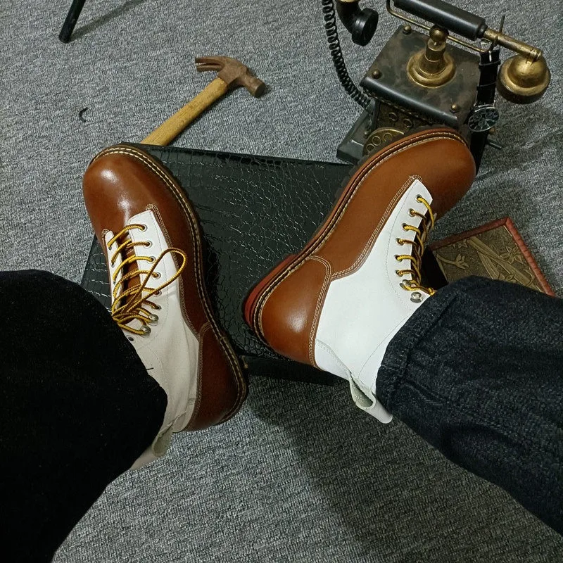 Handmade Genuine Leather Men Shoes Work Boots Custom Large-size American Retro Outdoor Hiking Motorcycle Ankle Boots