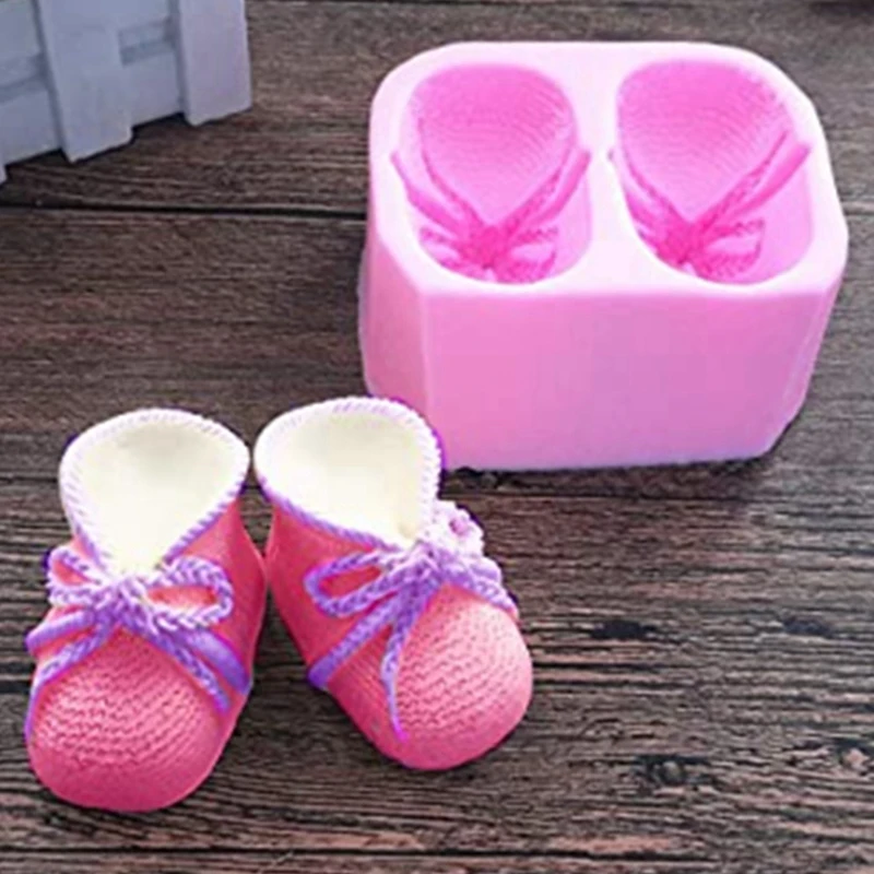 1 Piece Baby Bootie Silicone Fondant Mold Knitted Baby Shoes Cake Decorating Tools DIY Mould Candle Soap Clay Mold Pink